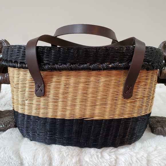 SOPHIE ANDERSON STRAW PURSE HANDBAG BLACK TAN BROWN LEATHER 2 STRAPS NWOT MEDIUM - Picture 8 of 14